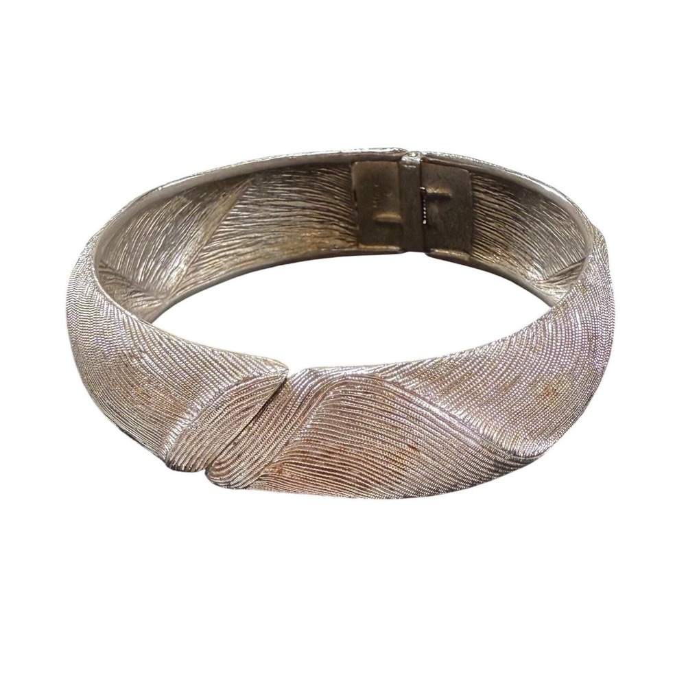 Monet Silver Tone Textured Hinged Cuff Bracelet Statement Jewelry Vintage